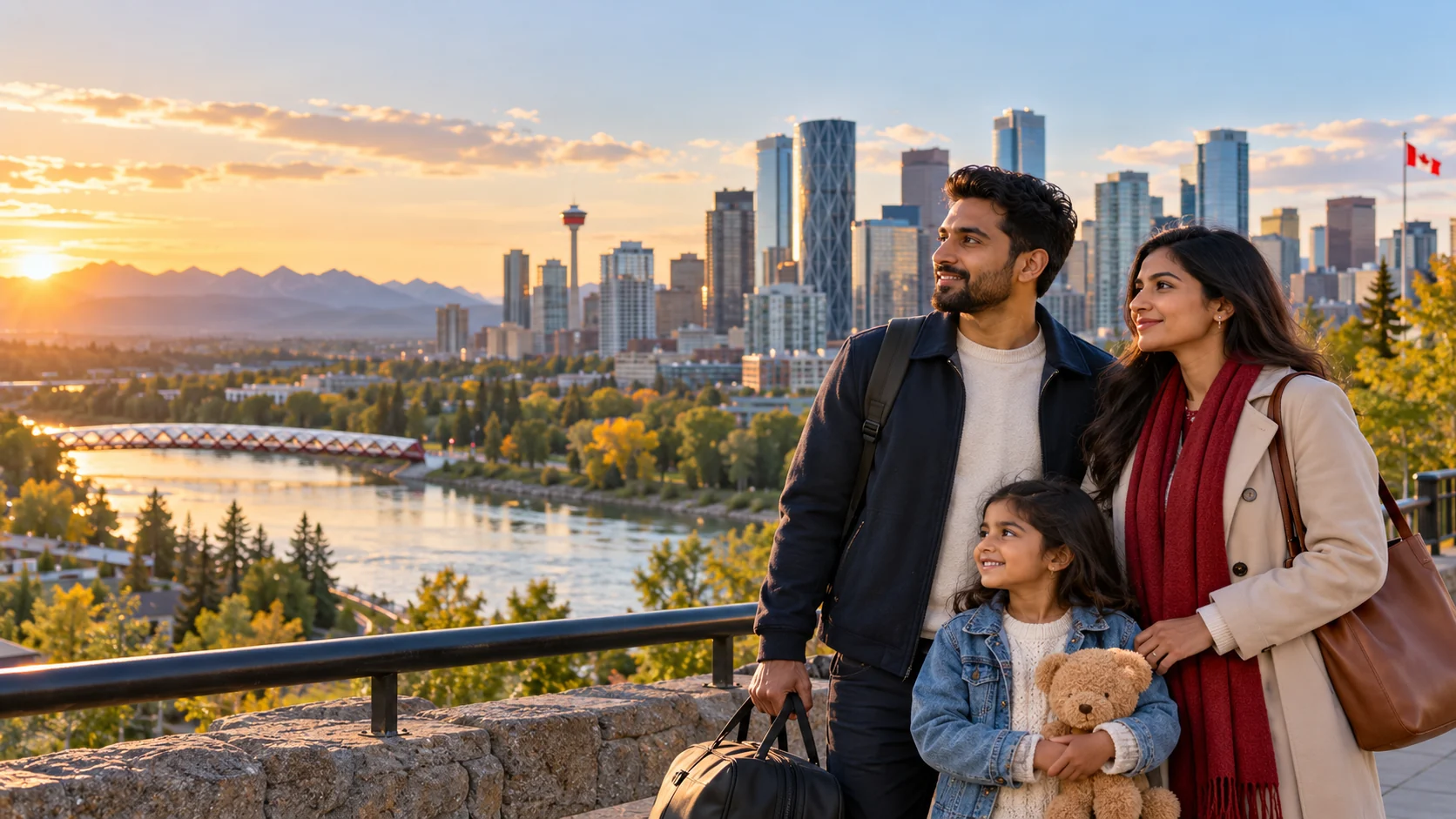 A family overlooking Calgary and the Rocky Mountains at sunset